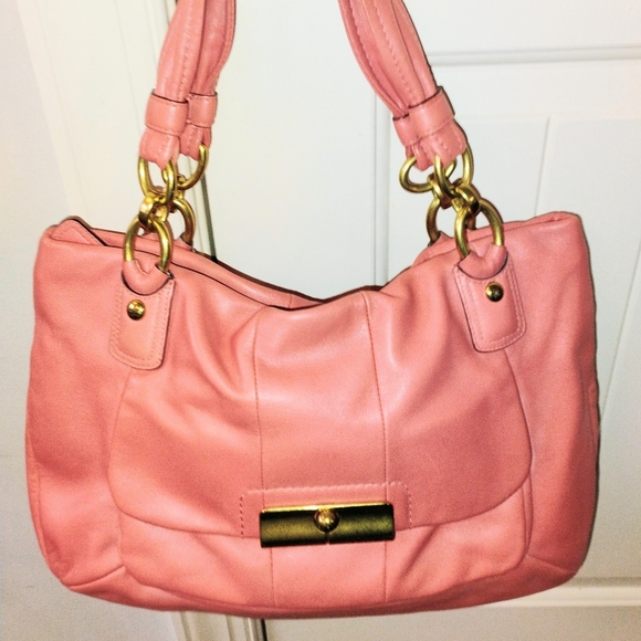 Coach Handbags - Coach Peach/Salmon Colored Leather Shoulder Bag with Gold Hardware